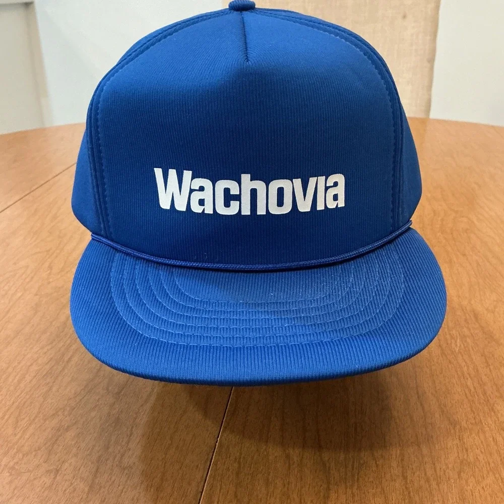 VTG 90s 80s Wachovia Bank Trucker Hat OSFA Blue Snapback Rare Promo Rope